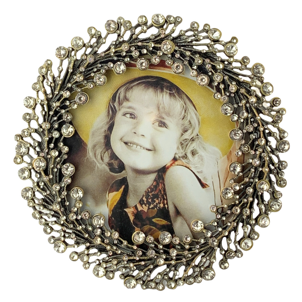 Brass Round Picture Frame, Austrian Crystals, Tabletop, Holds 4 x 4 Photo
